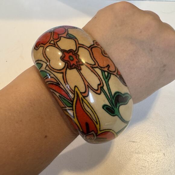 Vintage Orange Floral Wide Resin- Acrylic Chunky Bangle Bracelet Boho Funky - Picture 1 of 6